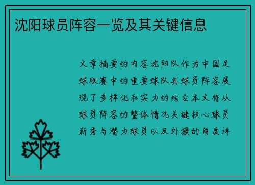 沈阳球员阵容一览及其关键信息